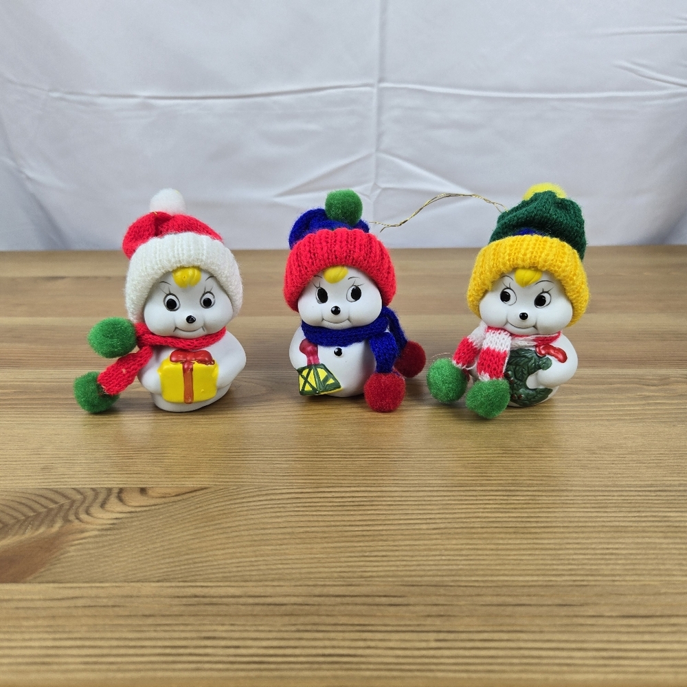 Set of 3 Hand Painted Bisque Porcelain Snow Bells Snowman Made in Taiwan
